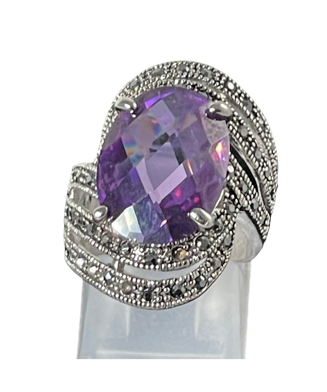 Purple crystal Marcasite rhodium plated ring silver