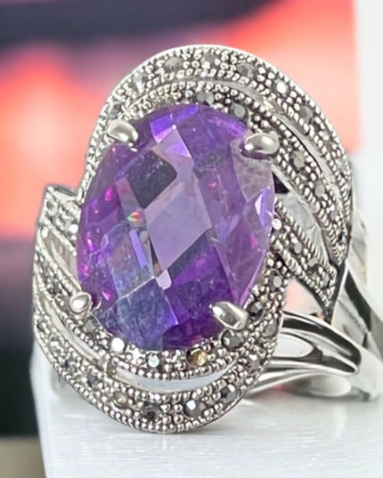 Purple crystal Marcasite rhodium plated ring silver