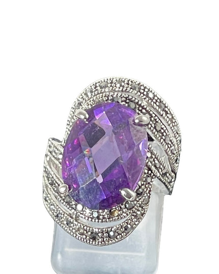 Purple crystal Marcasite rhodium plated ring silver