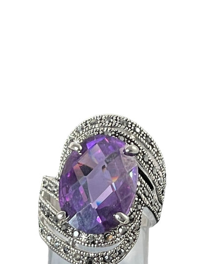 Purple crystal Marcasite rhodium plated ring silver