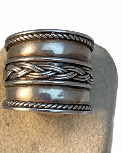 Vintage sterling silver 925 etched rope design cigar band ring