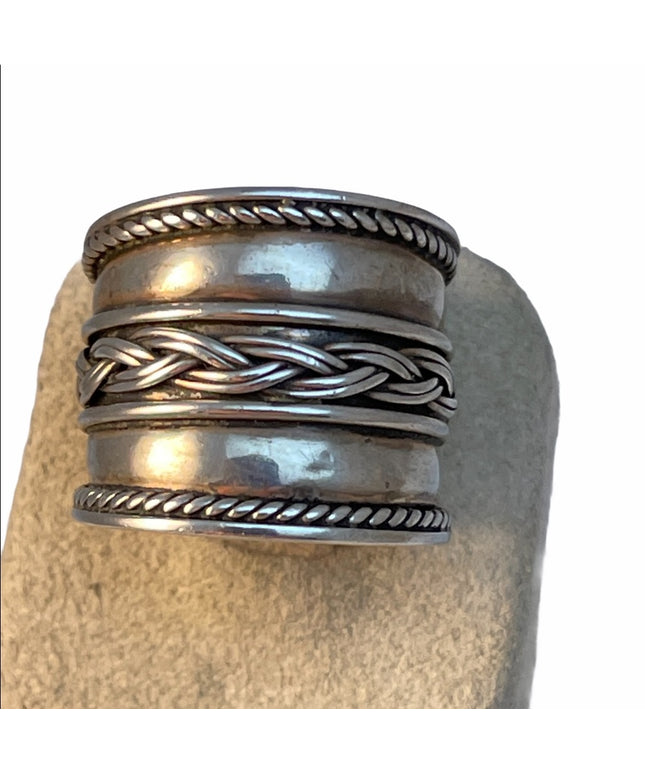 Vintage sterling silver 925 etched rope design cigar band ring