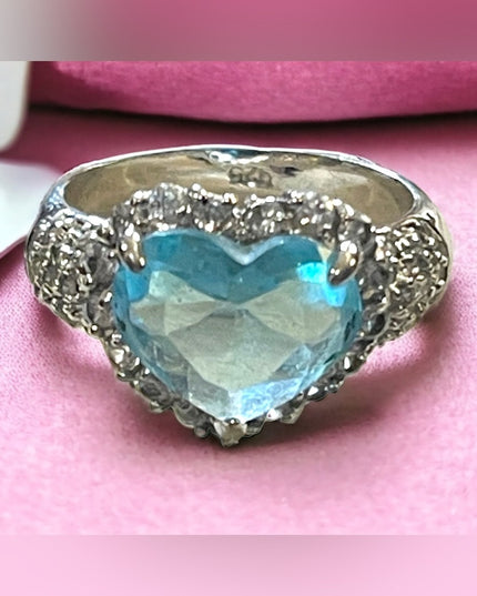 Lovely Sterling silver 925 Sim Blue Topaz & Sim Diamond glass ring Heart