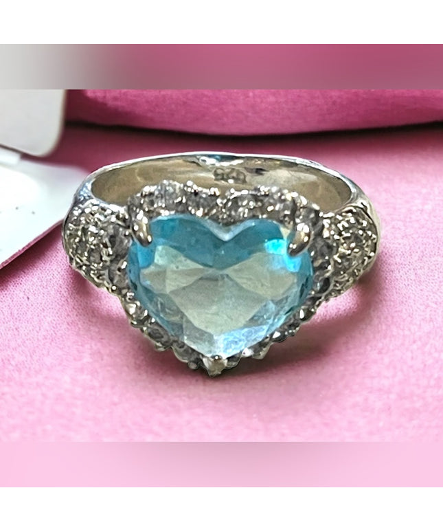 Lovely Sterling silver 925 Sim Blue Topaz & Sim Diamond glass ring Heart