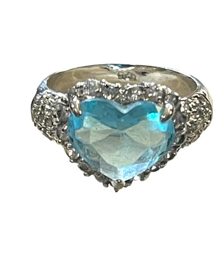 Lovely Sterling silver 925 Sim Blue Topaz & Sim Diamond glass ring Heart