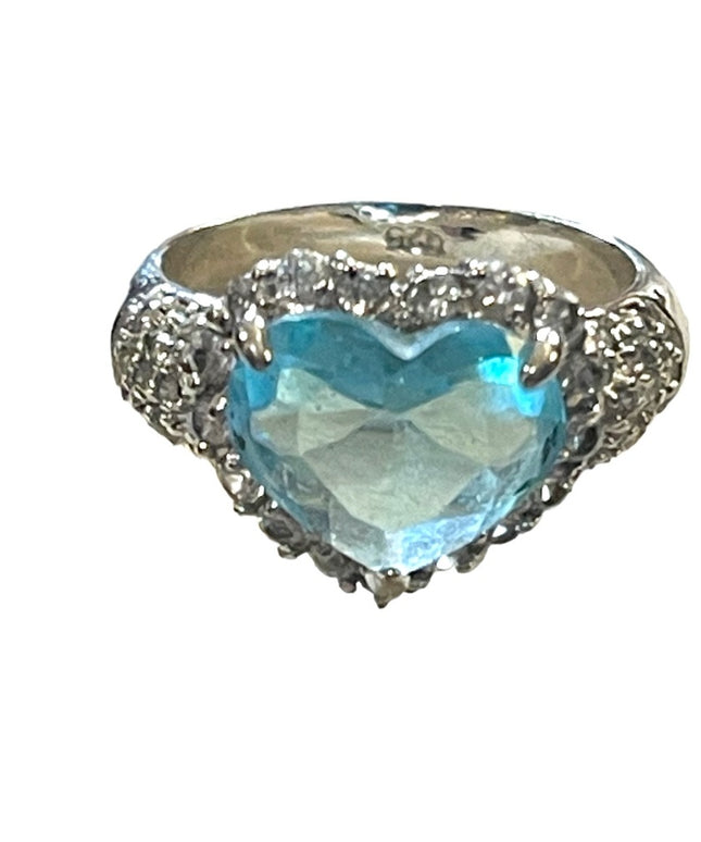 Lovely Sterling silver 925 Sim Blue Topaz & Sim Diamond glass ring Heart