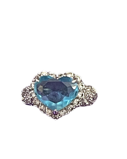 Lovely Sterling silver 925 Sim Blue Topaz & Sim Diamond glass ring Heart