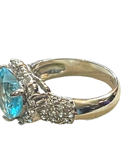 Lovely Sterling silver 925 Sim Blue Topaz & Sim Diamond glass ring Heart