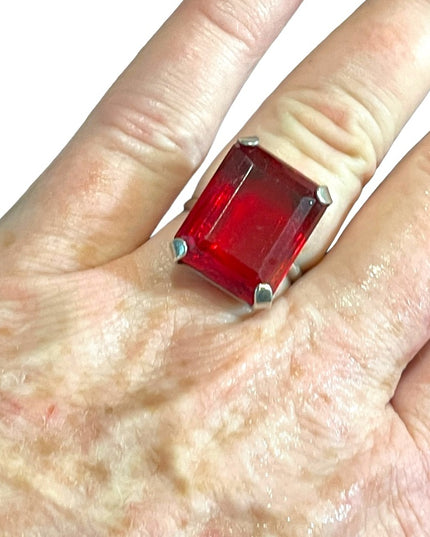 Vintage Ruby red GLASS fancy large sterling ring square center