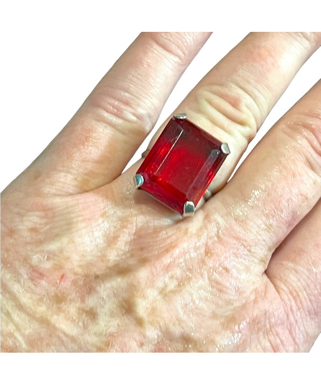 Vintage Ruby red GLASS fancy large sterling ring square center