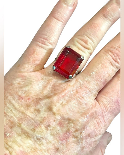Vintage Ruby red GLASS fancy large sterling ring square center