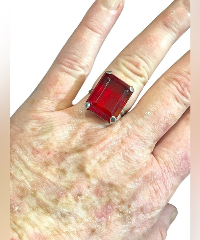 Vintage Ruby red GLASS fancy large sterling ring square center