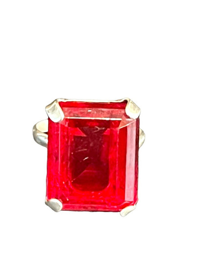 Vintage Ruby red GLASS fancy large sterling ring square center
