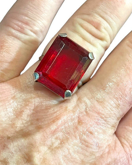 Vintage Ruby red GLASS fancy large sterling ring square center