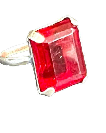 Vintage Ruby red GLASS fancy large sterling ring square center