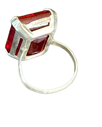 Vintage Ruby red GLASS fancy large sterling ring square center