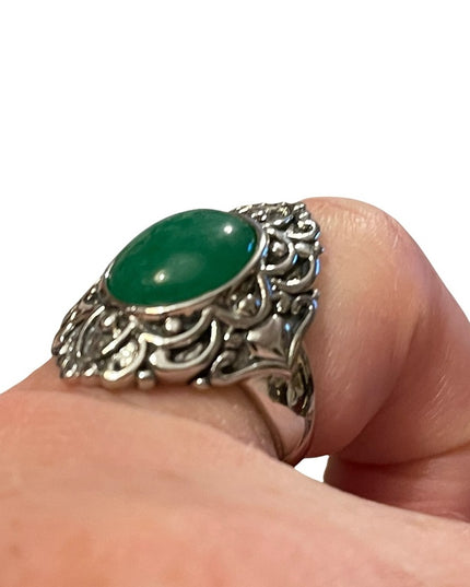 Sterling silver 925 green stone filagree fancy ring victorian antique style