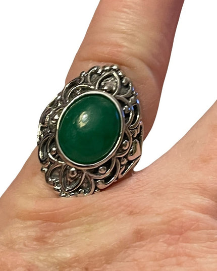 Sterling silver 925 green stone filagree fancy ring victorian antique style