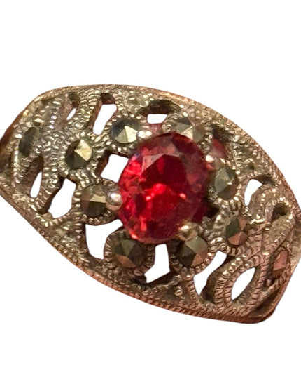 Vintage Sterling Silver 925 Red Sim Ruby & Hematite Ring
