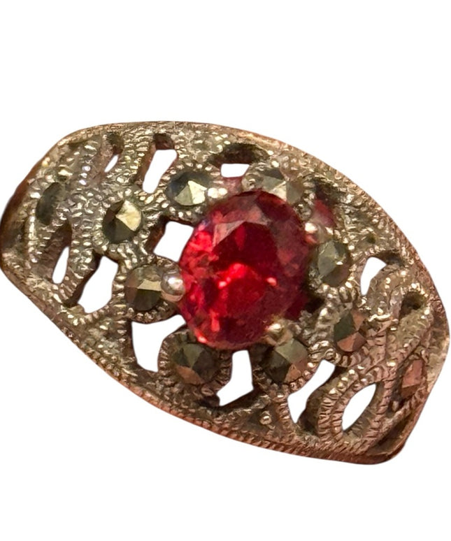 Vintage Sterling Silver 925 Red Sim Ruby & Hematite Ring