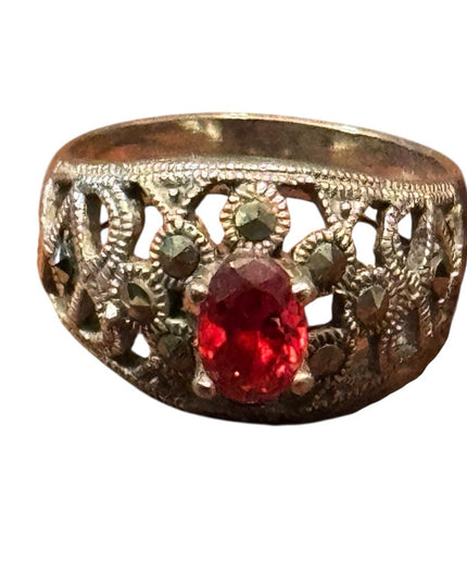 Vintage Sterling Silver 925 Red Sim Ruby & Hematite Ring