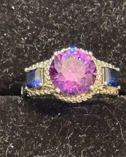Elegant STS Rhodium Plated 925 Sterling Silver Simulated? Amethyst Sapphire Ring