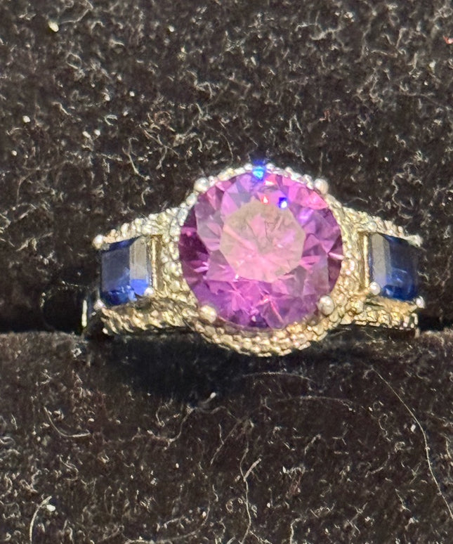 Elegant STS Rhodium Plated 925 Sterling Silver Simulated? Amethyst Sapphire Ring