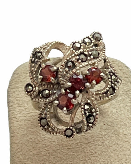 Sterling silver Garnet & Marcasite flower ring