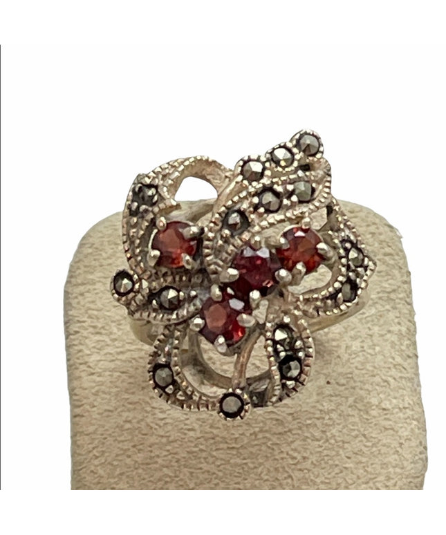 Sterling silver Garnet & Marcasite flower ring