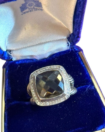 Vintage Sterling Silver 925 DY Ring Smokey Quartz & Diamonds