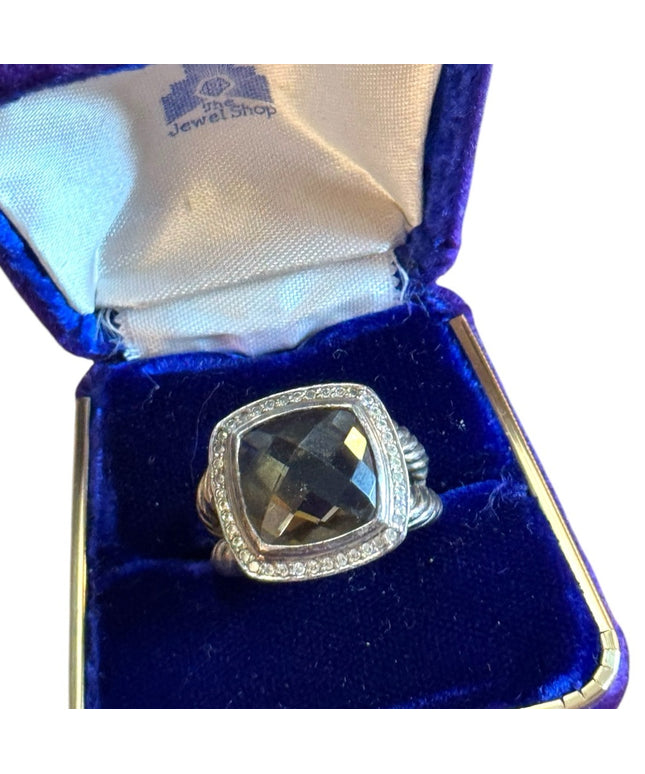 Vintage Sterling Silver 925 DY Ring Smokey Quartz & Diamonds