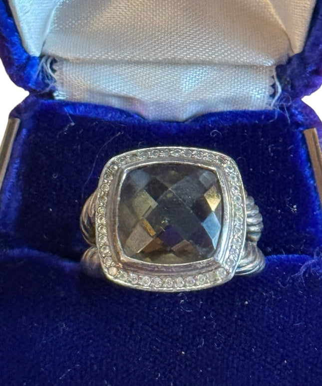 Vintage Sterling Silver 925 DY Ring Smokey Quartz & Diamonds