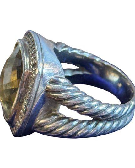 Vintage Sterling Silver 925 DY Ring Smokey Quartz & Diamonds