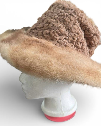 Elegant Tan Curley Lamb & Mink  Fur Women's Hat Small