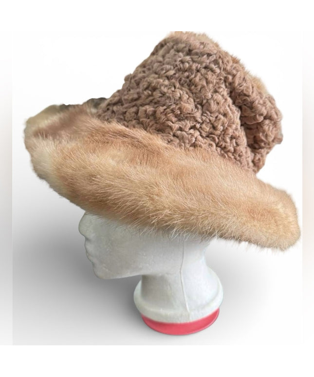 Elegant Tan Curley Lamb & Mink  Fur Women's Hat Small