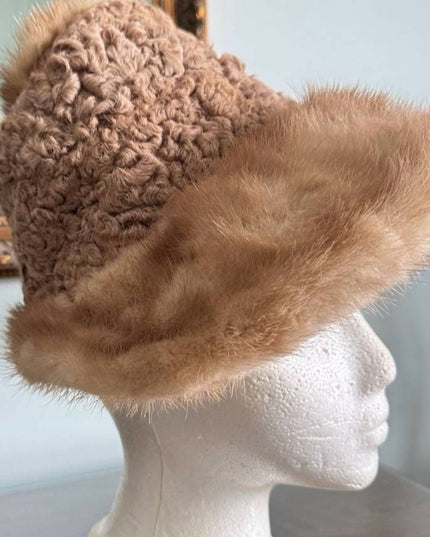 Elegant Tan Curley Lamb & Mink  Fur Women's Hat Small