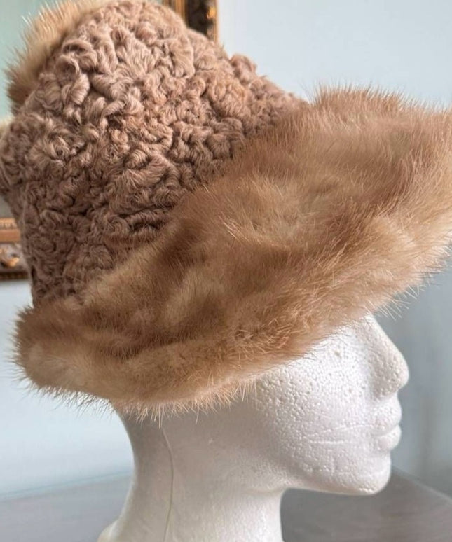 Elegant Tan Curley Lamb & Mink  Fur Women's Hat Small