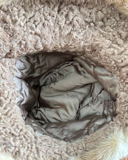 Elegant Tan Curley Lamb & Mink  Fur Women's Hat Small