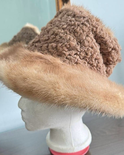 Elegant Tan Curley Lamb & Mink  Fur Women's Hat Small