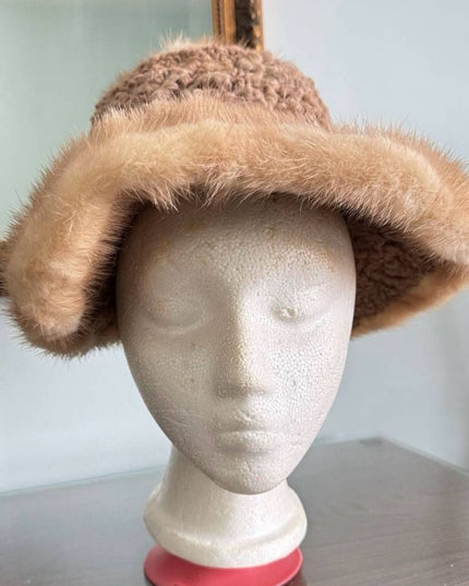 Elegant Tan Curley Lamb & Mink  Fur Women's Hat Small