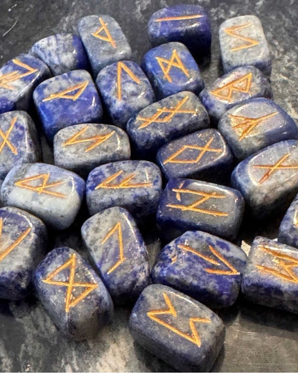 Real Stone Handmade Sodalite Rune Stone Set — 25 Blue Runes NEW