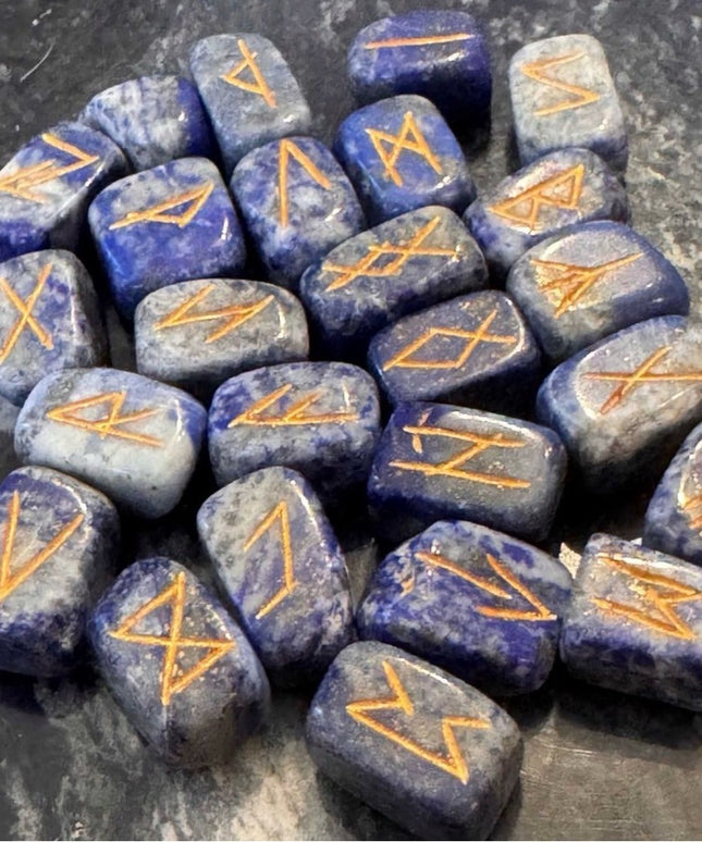 Real Stone Handmade Sodalite Rune Stone Set — 25 Blue Runes NEW