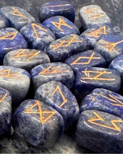 Real Stone Handmade Sodalite Rune Stone Set — 25 Blue Runes NEW