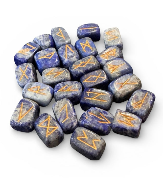 Real Stone Handmade Sodalite Rune Stone Set — 25 Blue Runes NEW