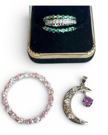 Sterling Silver 925 LOT Rings and Pendants Lot Green, Clear & Pink Stones Moon