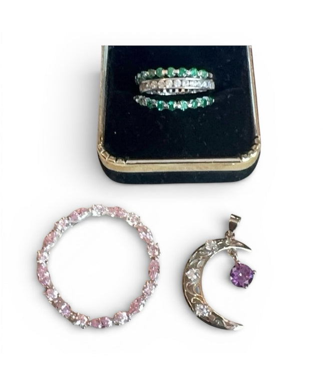 Sterling Silver 925 LOT Rings and Pendants Lot Green, Clear & Pink Stones Moon