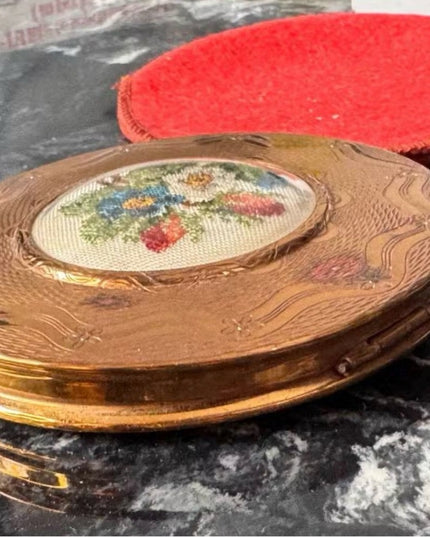 Vintage MC  Large Gold-Tone Metal Powder Compact Embroidered Floral Flowers