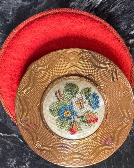 Vintage MC  Large Gold-Tone Metal Powder Compact Embroidered Floral Flowers