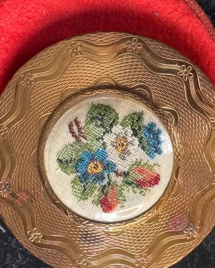 Vintage MC  Large Gold-Tone Metal Powder Compact Embroidered Floral Flowers