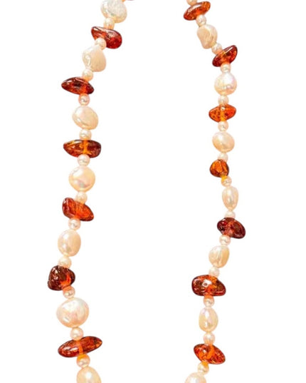 -Freshwater Pearl & Amber Beaded Necklace 14K Gold Clasp
